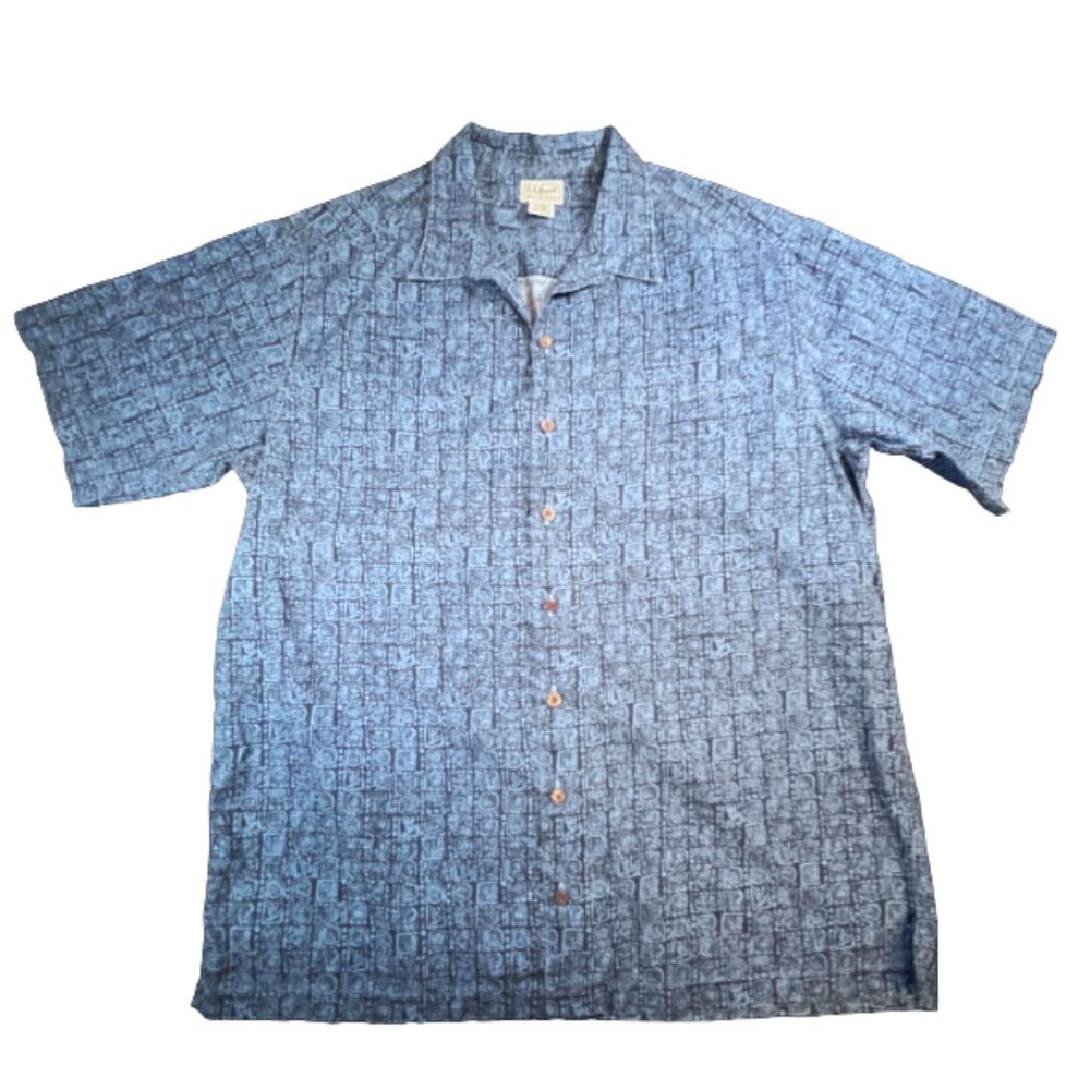 LL Bean Hawaiian Tropic Camp Shirt Blue Large